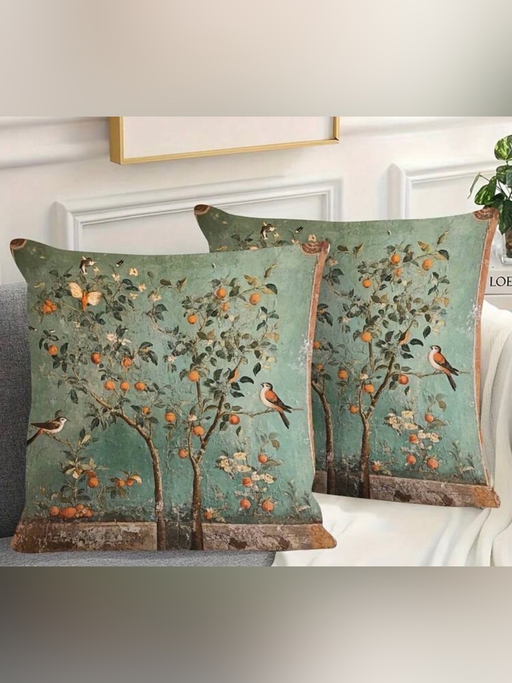 Botanical Bird Print Decorative Throw Pillow Covers (x2)- Green (18in x 18in)